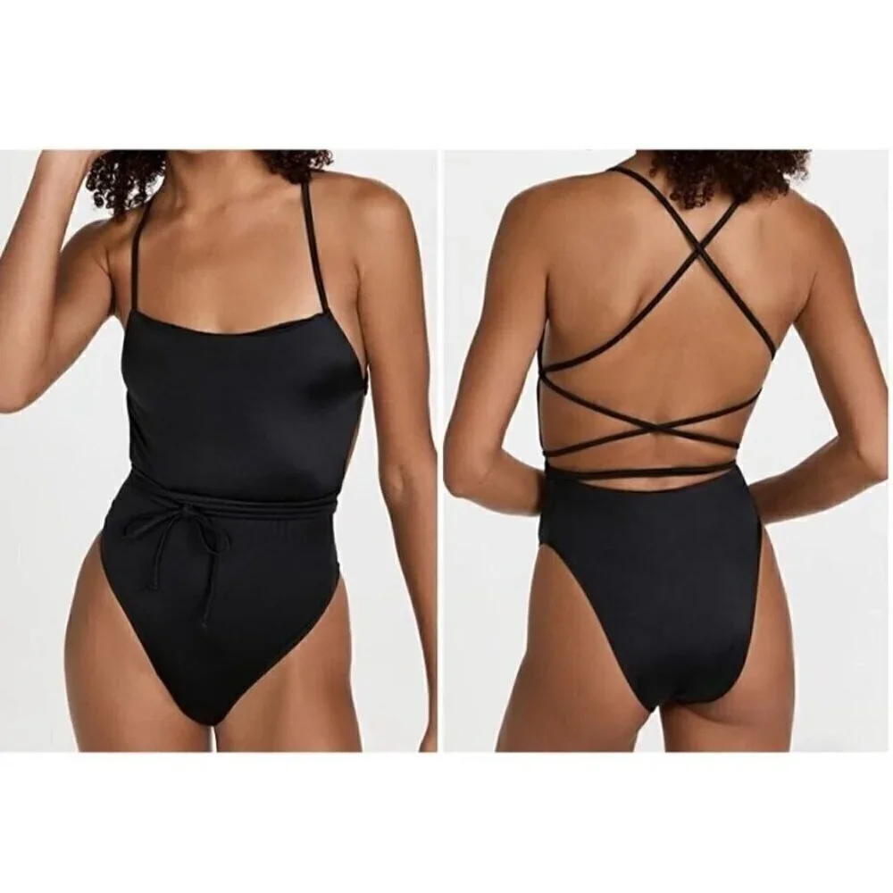 NWT Good American Black Barely There One-Piece Swimsuit Strappy Stretch - Size 3